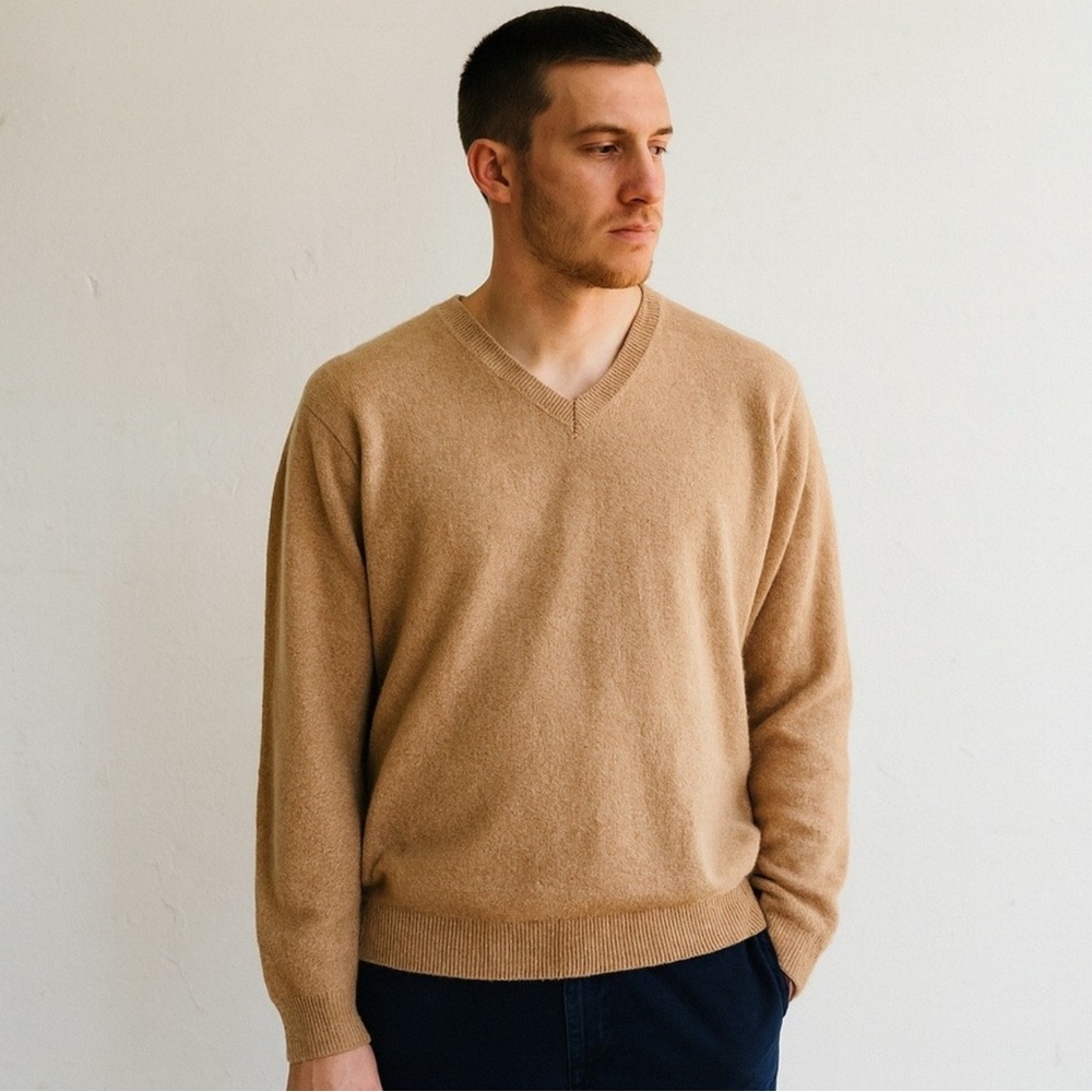 Lands' End Men's 100% Cashmere Tan V-Neck Sweater XXL